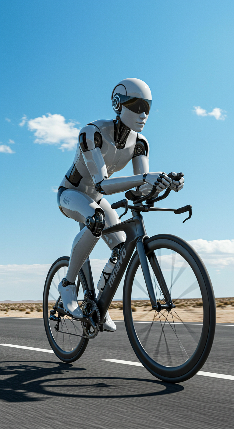A humanoid robot riding a bike