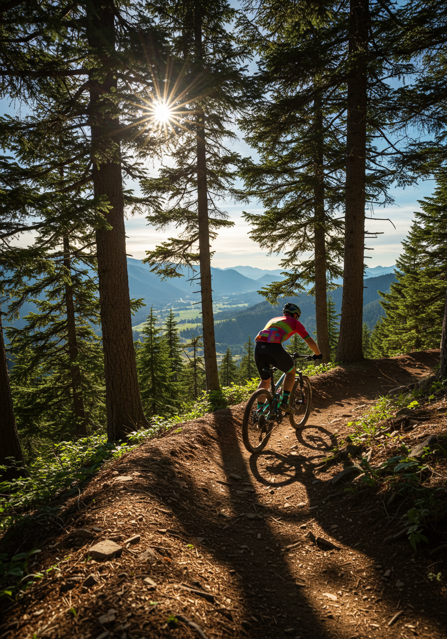 Cyclist racing on mountain trail