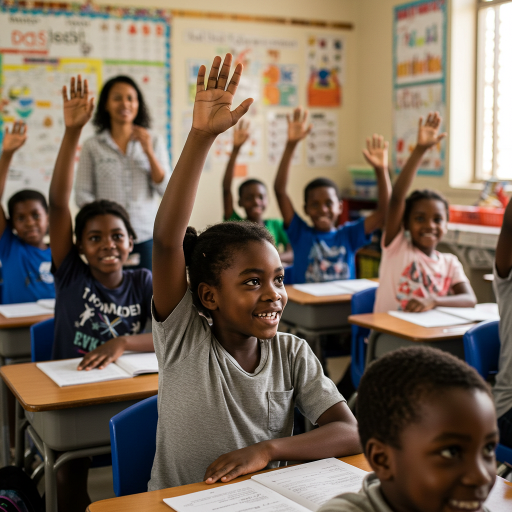Black Students raising hands in a classroom