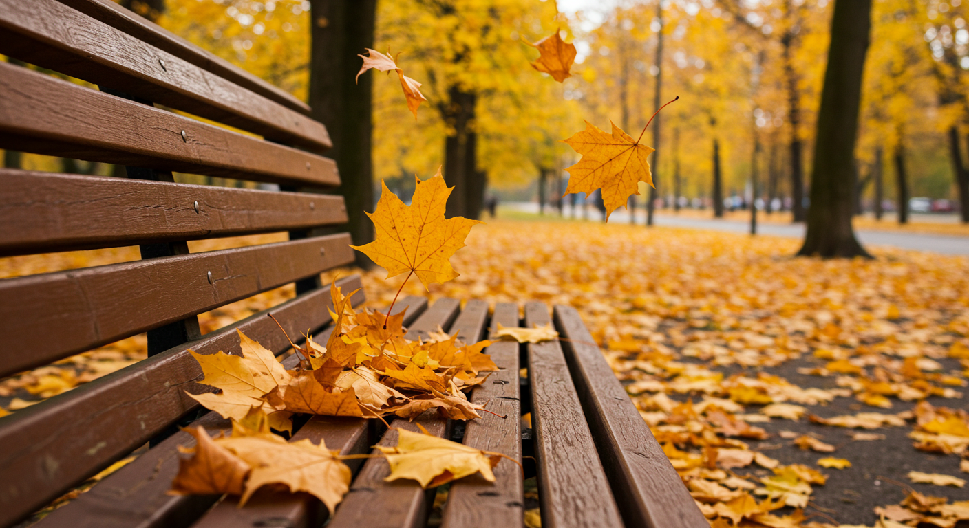 Golden autumn leaves falling on a park bench #3