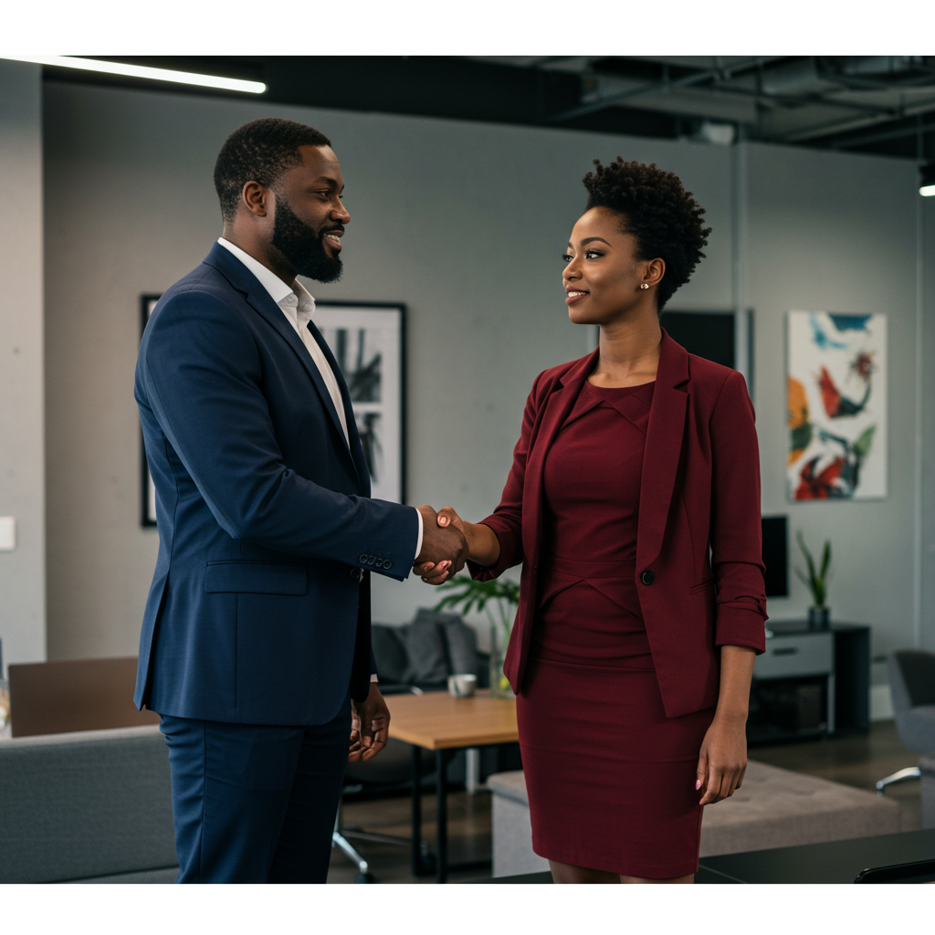 Black Businessman shaking hands with black female colleague in office