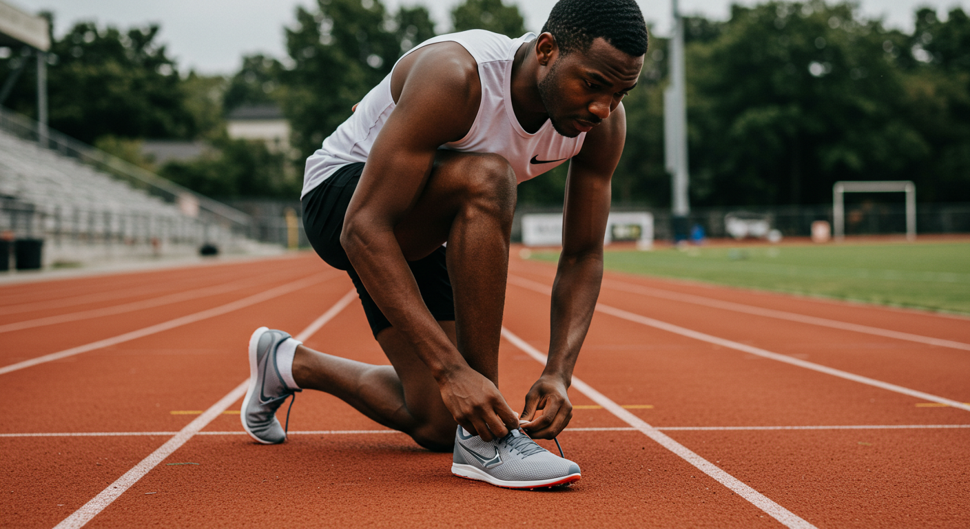 A black athlete lacing his shoe for a race