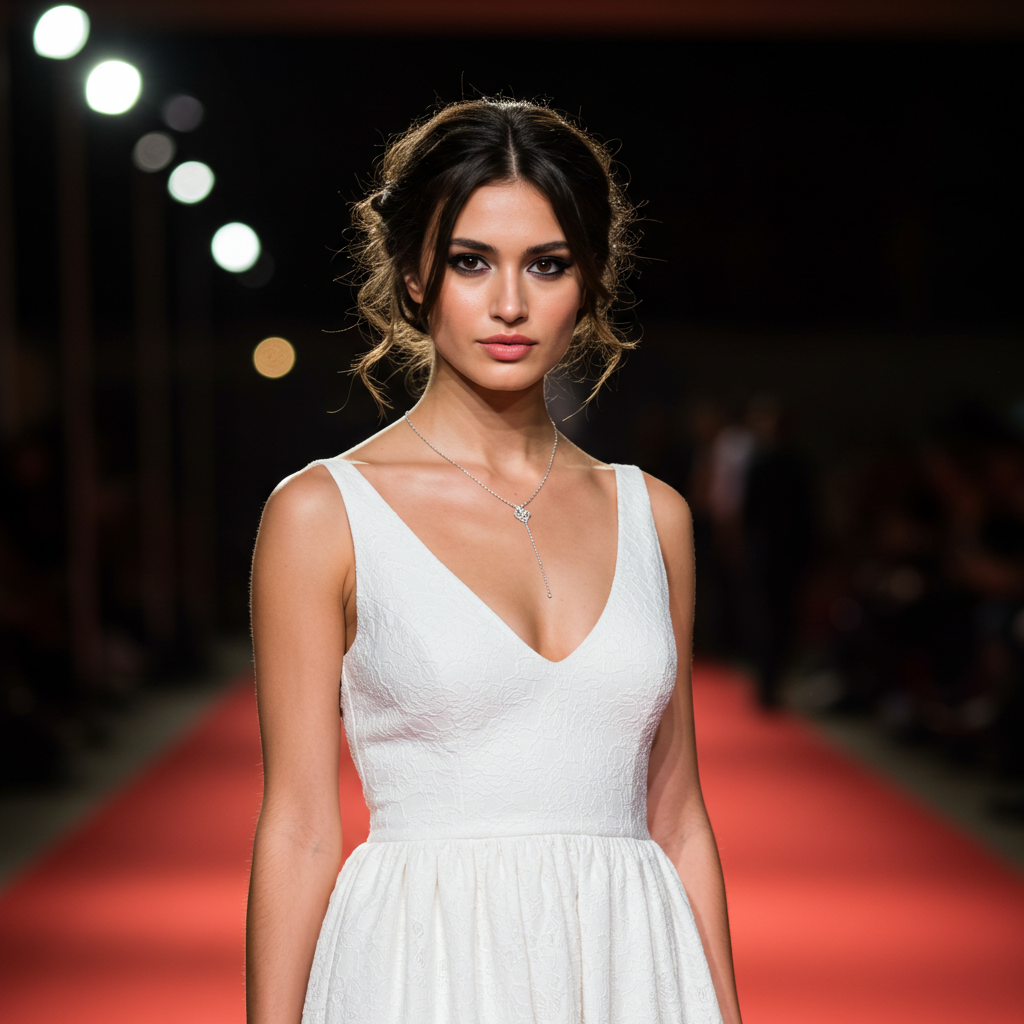 A fashion lady in white standing on a red carpet