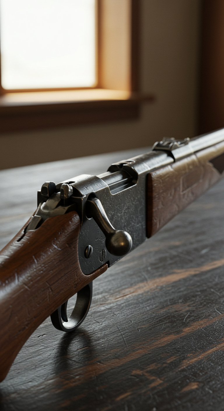 Close-up of a vintage rifle on a wooden table
