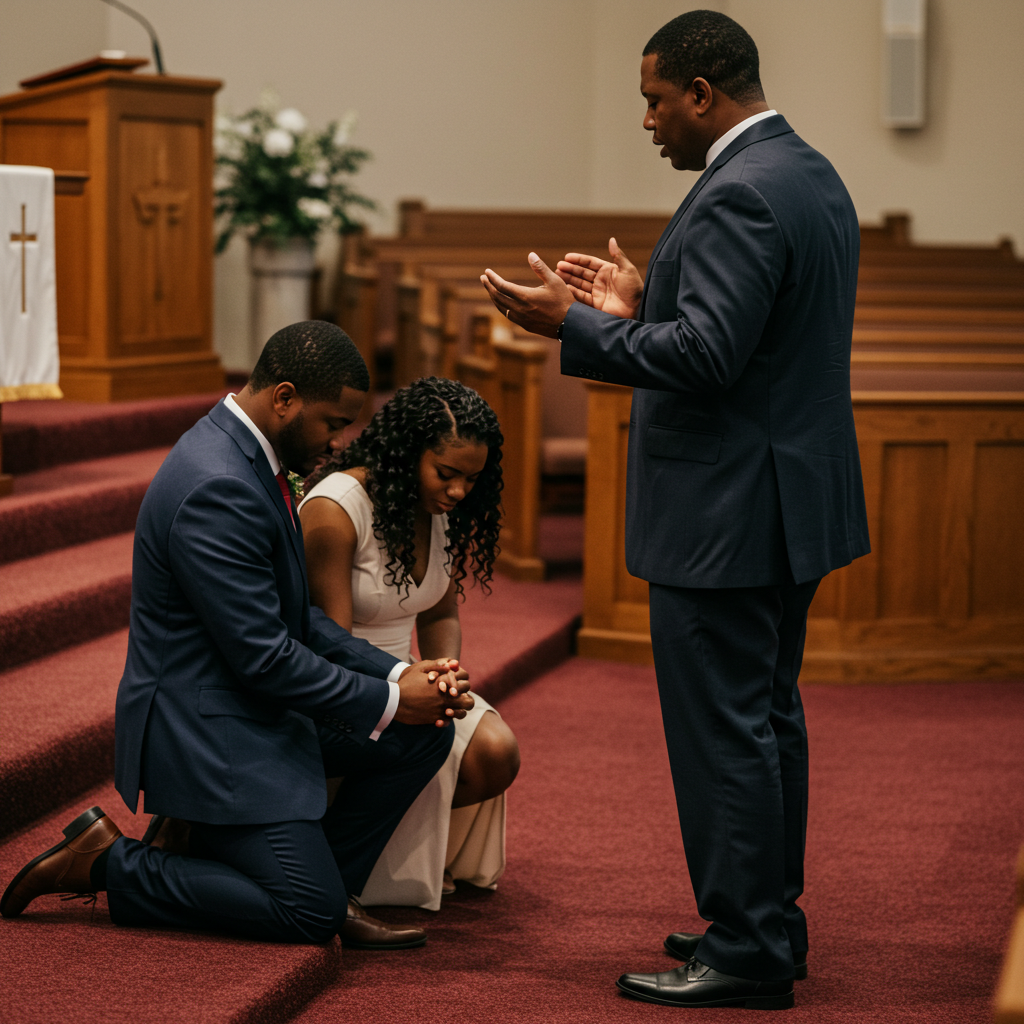 A Black Pastor praying for a young couple on their knees #1