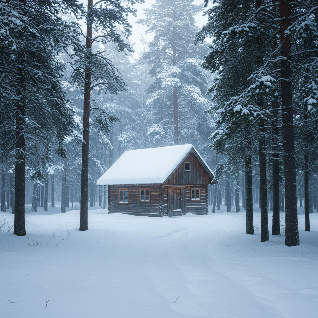 Snow-covered cabin in a winter forest