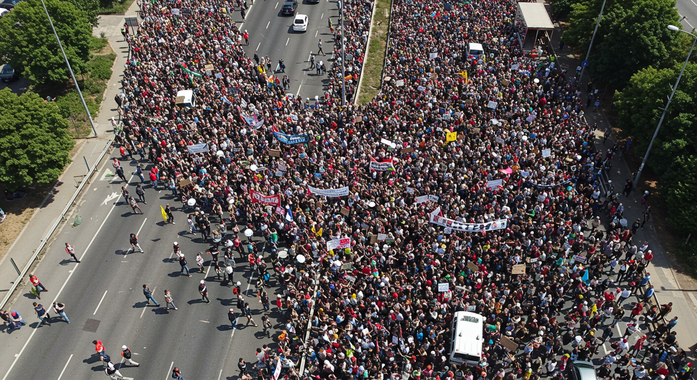 Dramatic overhead drone view of a protest march with thousands of people blocking a highway #3