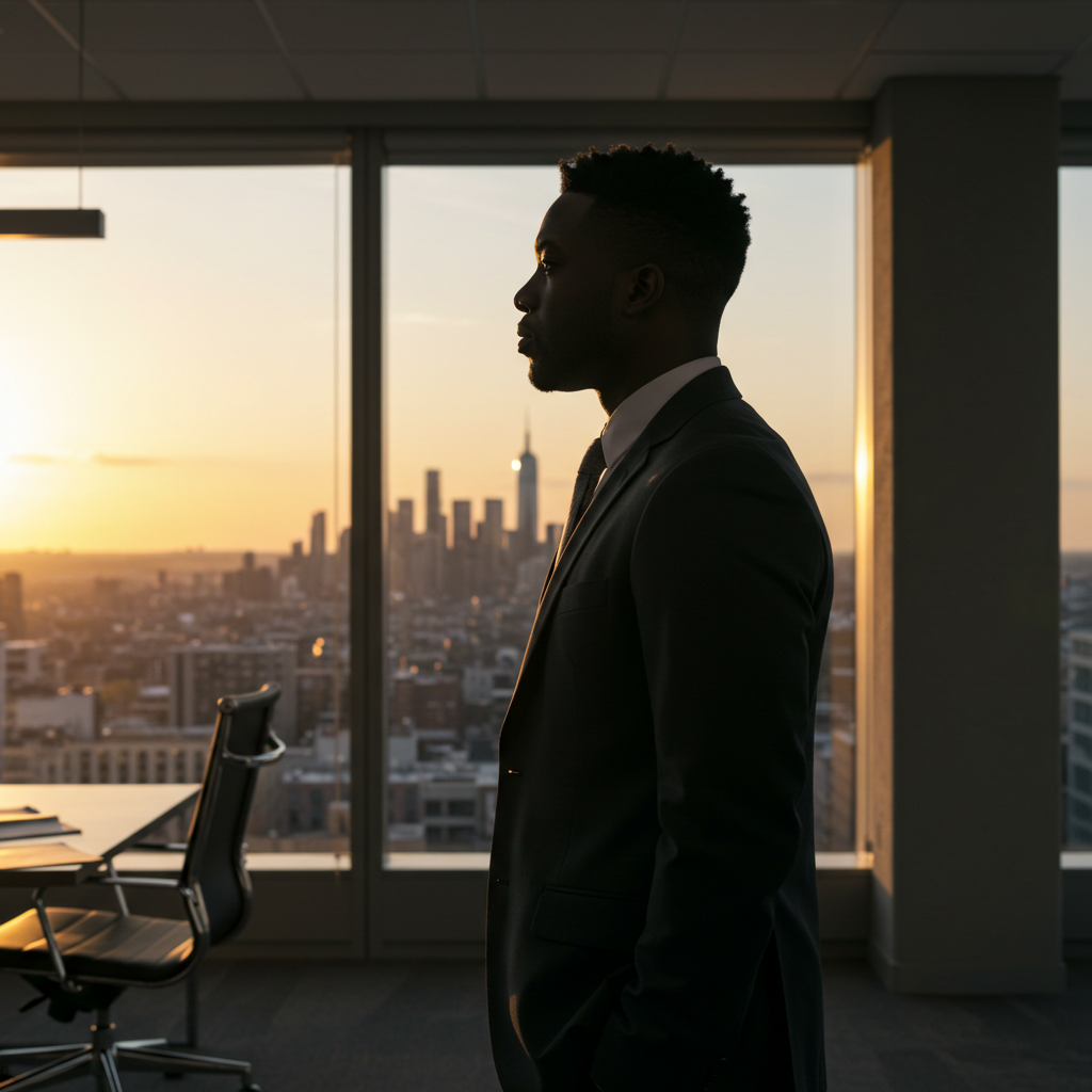 Side view of a black business man standing in his office looking down his window