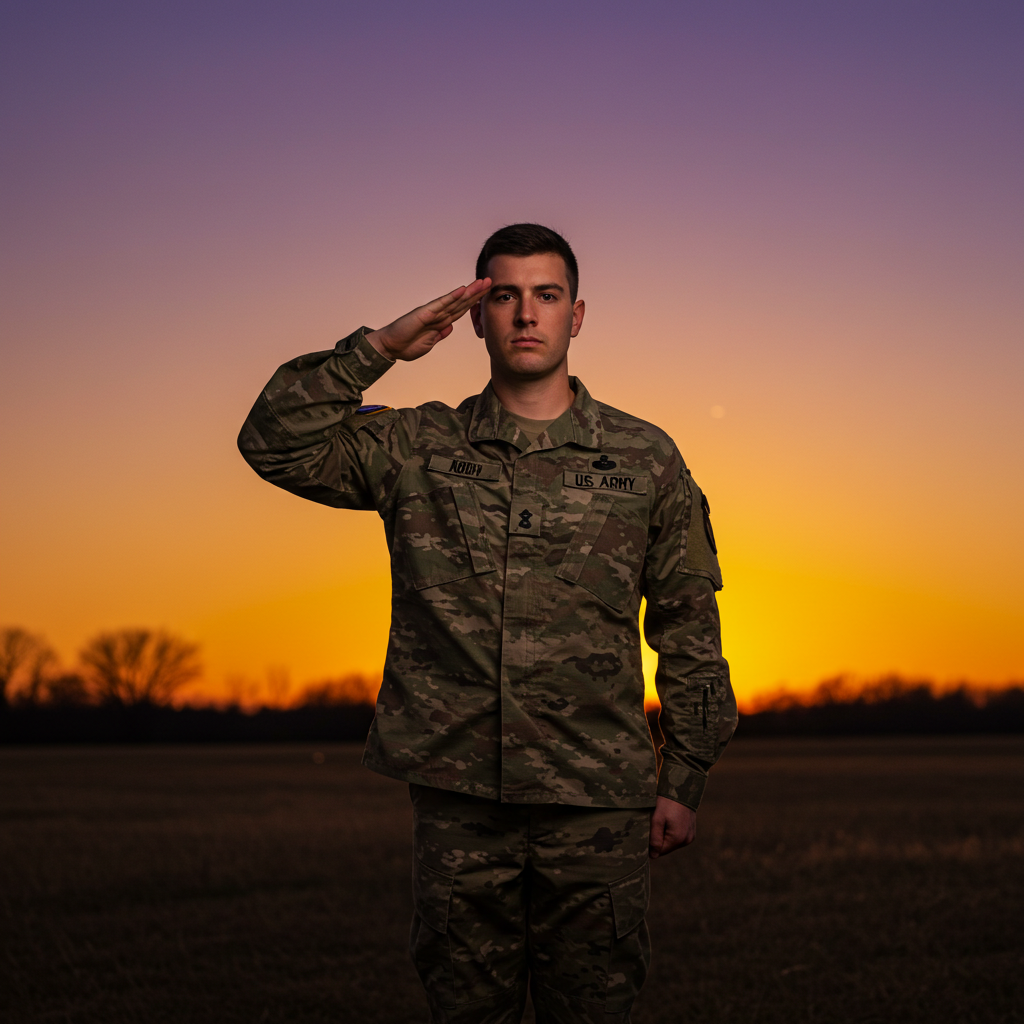 a soldier saluting with sunset in background #3