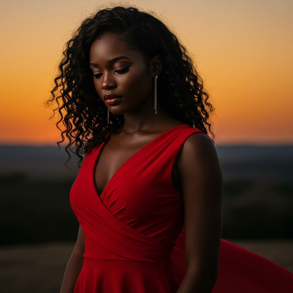 A pretty black woman in a red dress with a sad face #4