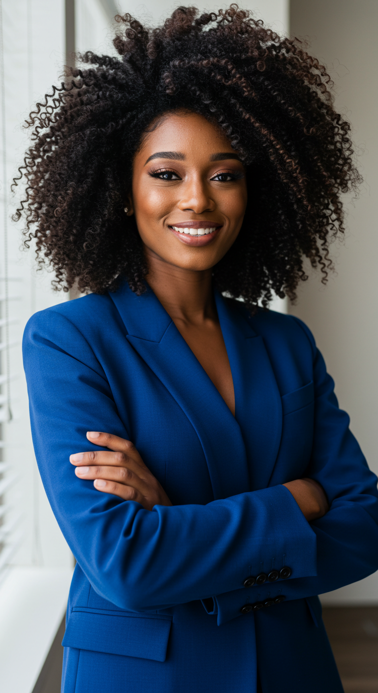 A pretty black woman with beautiful hair, wearing a blue attire with her arms folded #1