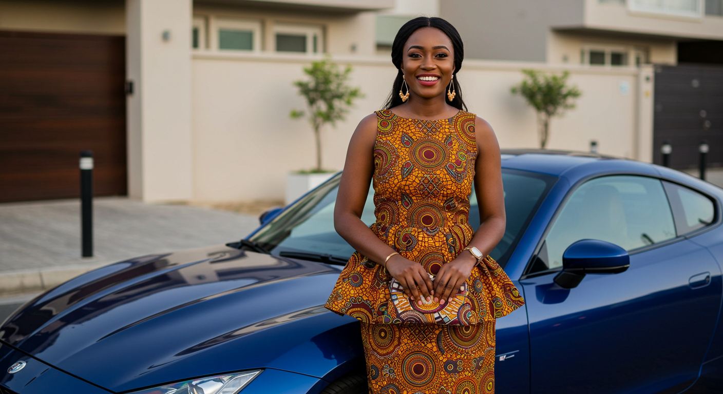 An African fashion woman standing by her blue car
