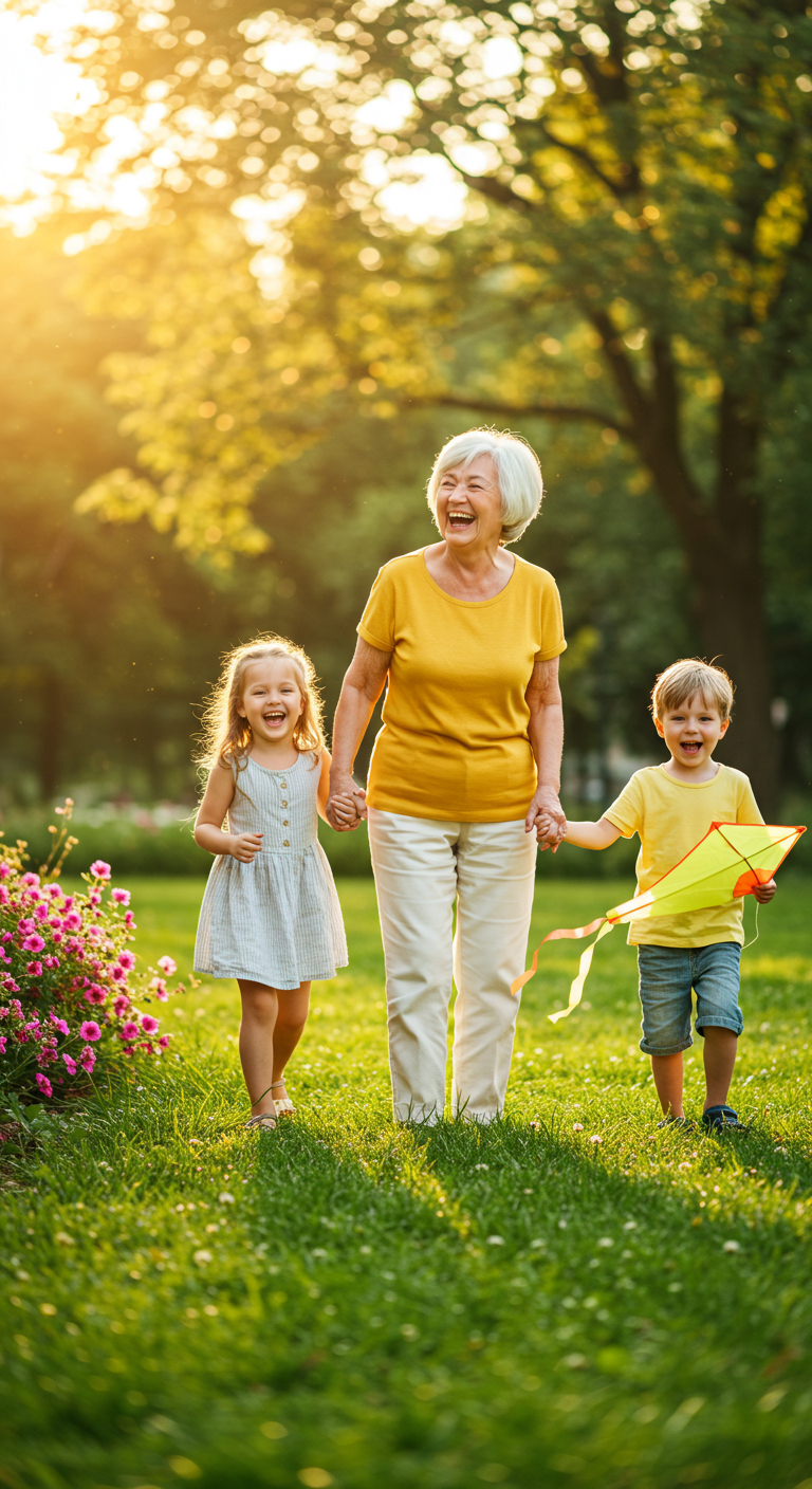 Elderly woman laughing with grandchildren in a sunny park