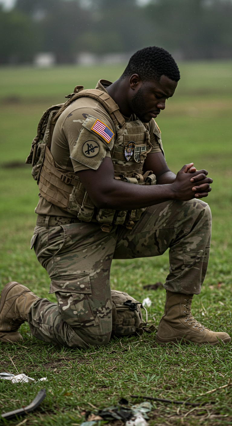 A black military man on his knees and praying