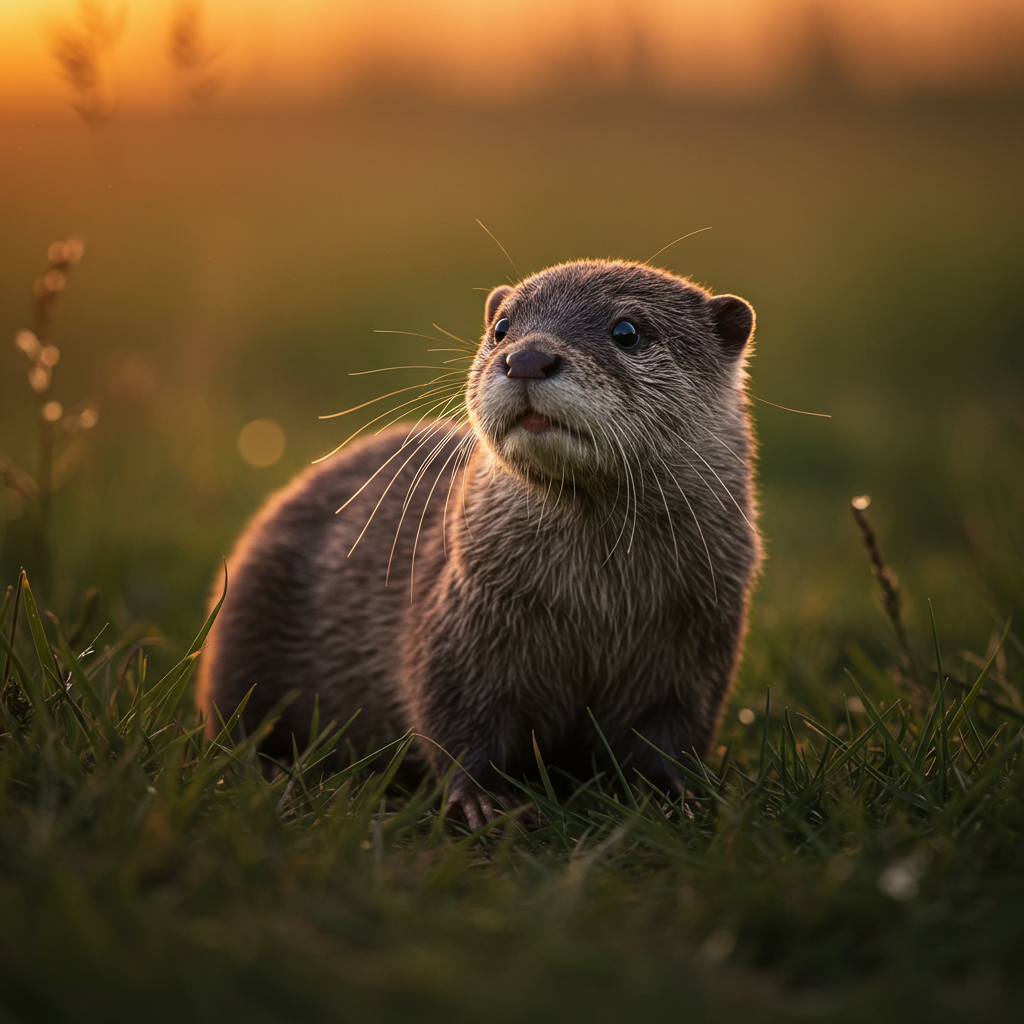 a cute otter zebra mouse in a field at sunset