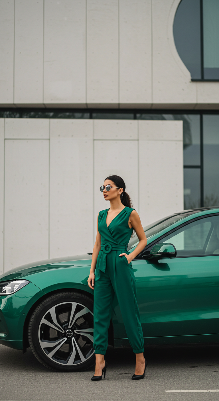 A fashion lady in green standing by her green car