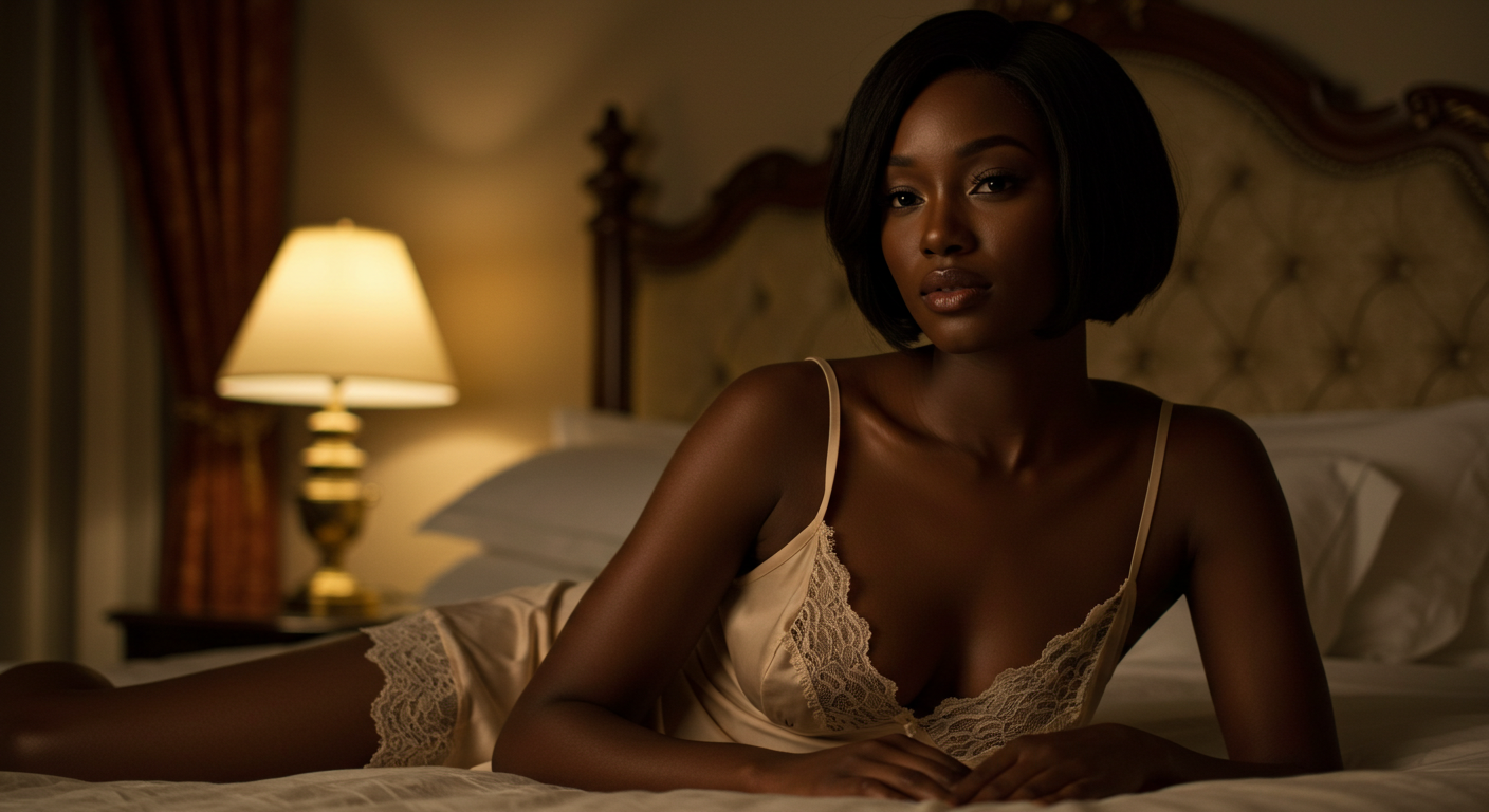 A beautiful black lady on her bed at night