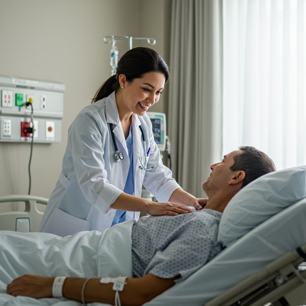 A white female doctor and a patient in a hospital bed
