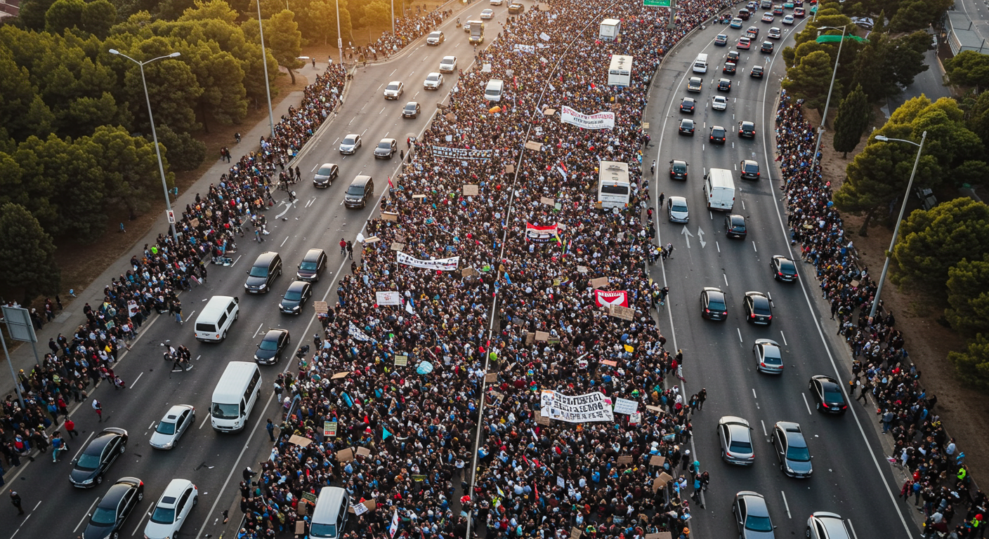 Dramatic overhead drone view of a protest march with thousands of people blocking a highway #2