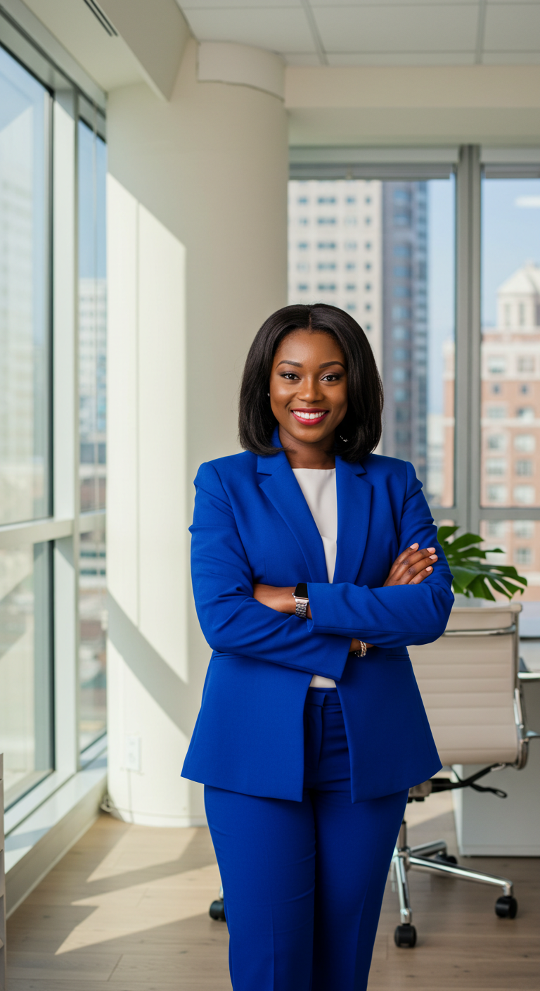 A beautiful black lady in a blue attire, standing in her office with her arms folded and smiling