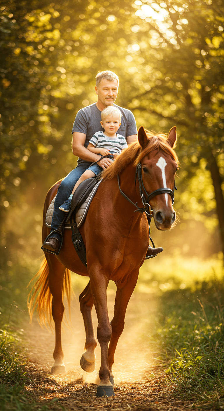 A white father and son riding a horse