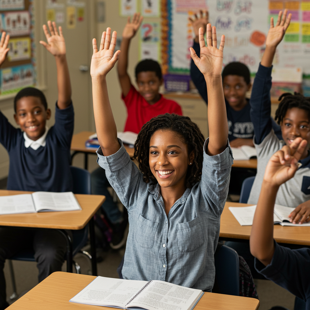 Black Students raising hands in a classroom