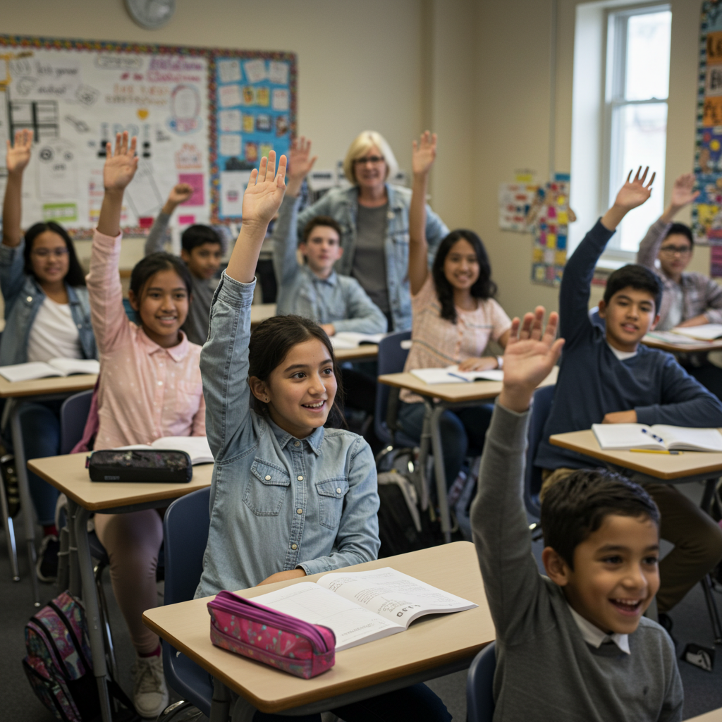 Students raising hands in a classroom