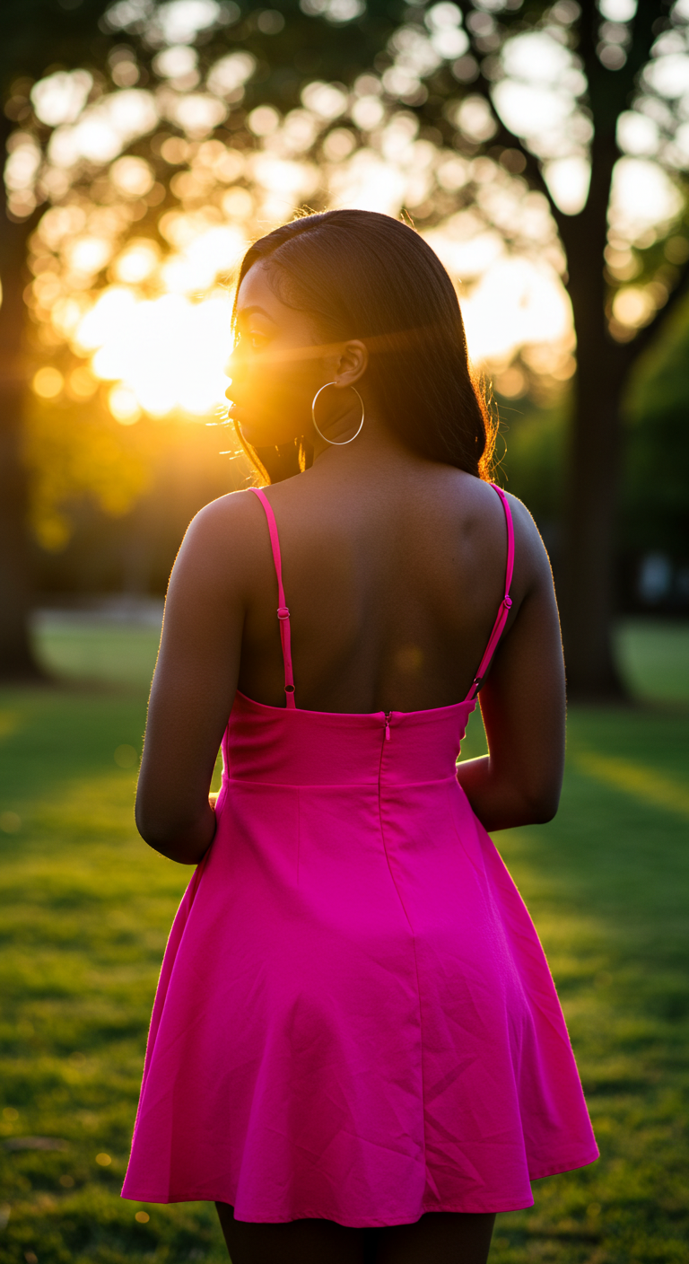 Back view of a pretty black woman in a pink dress #1