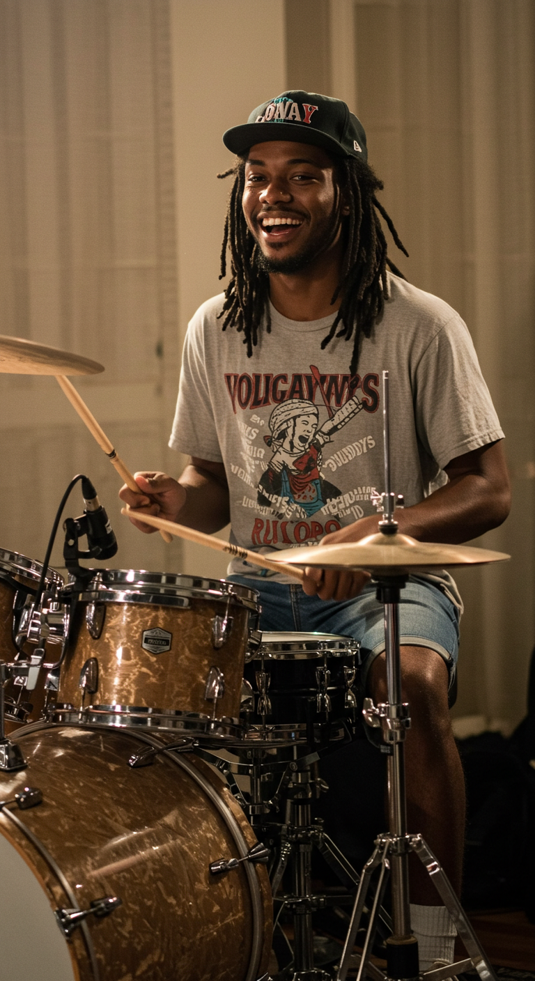 A young black man playing drums and smiling with a cap #3