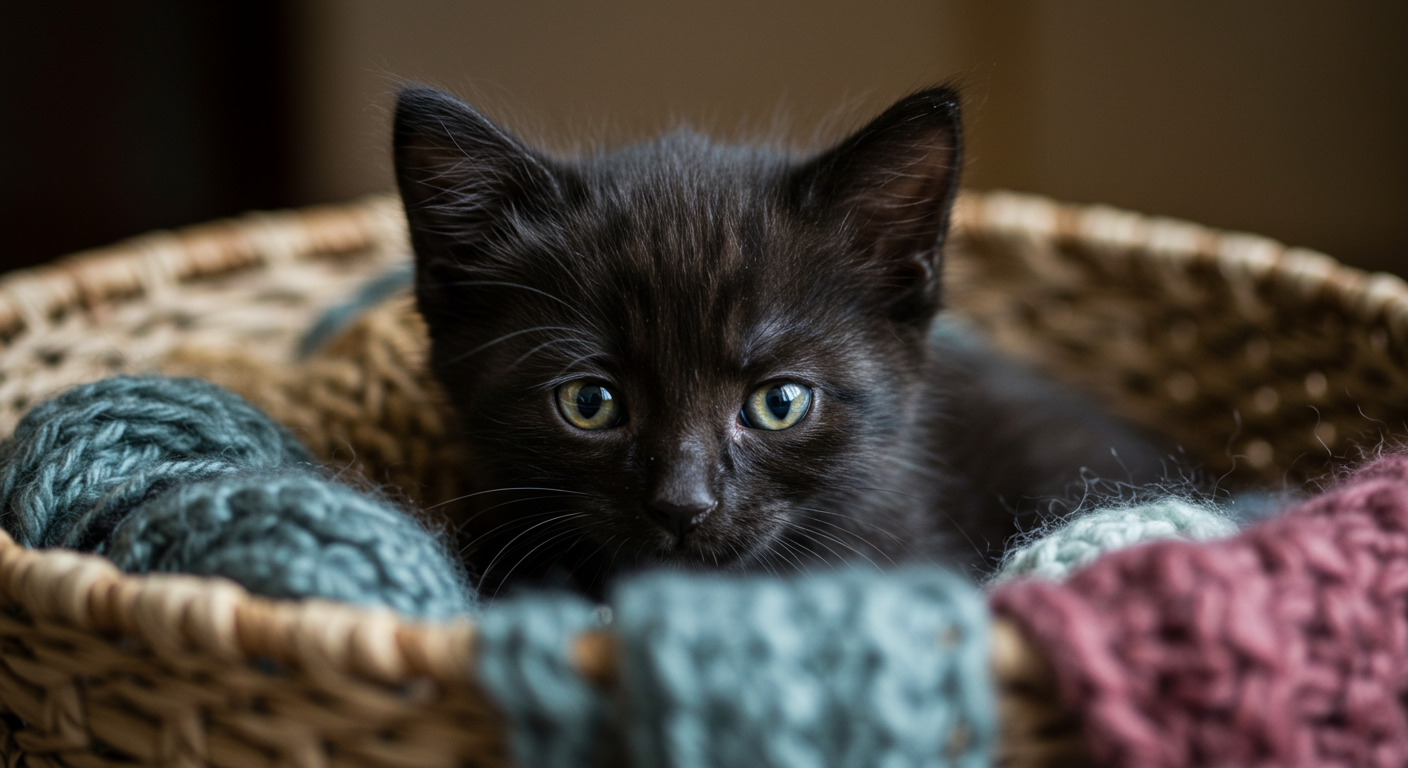 A photo of a black kitten in a basket