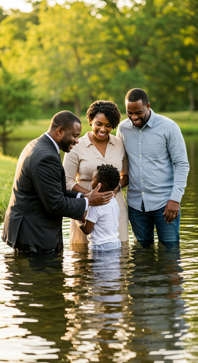 A black Pastor baptizing a black child in water, with parents #4