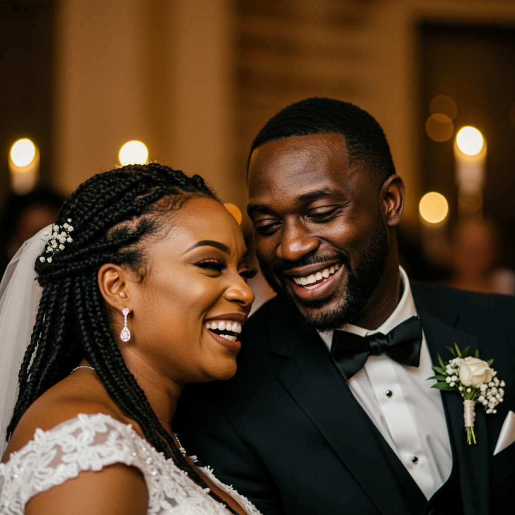 A close-up photo of a happy black bride and groom at a wedding