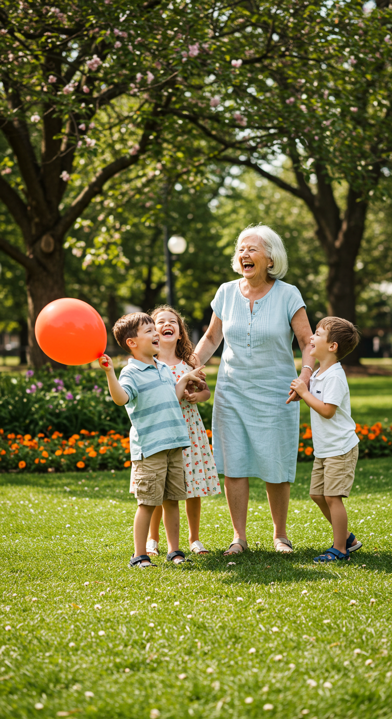 Elderly woman laughing with grandchildren in a sunny park