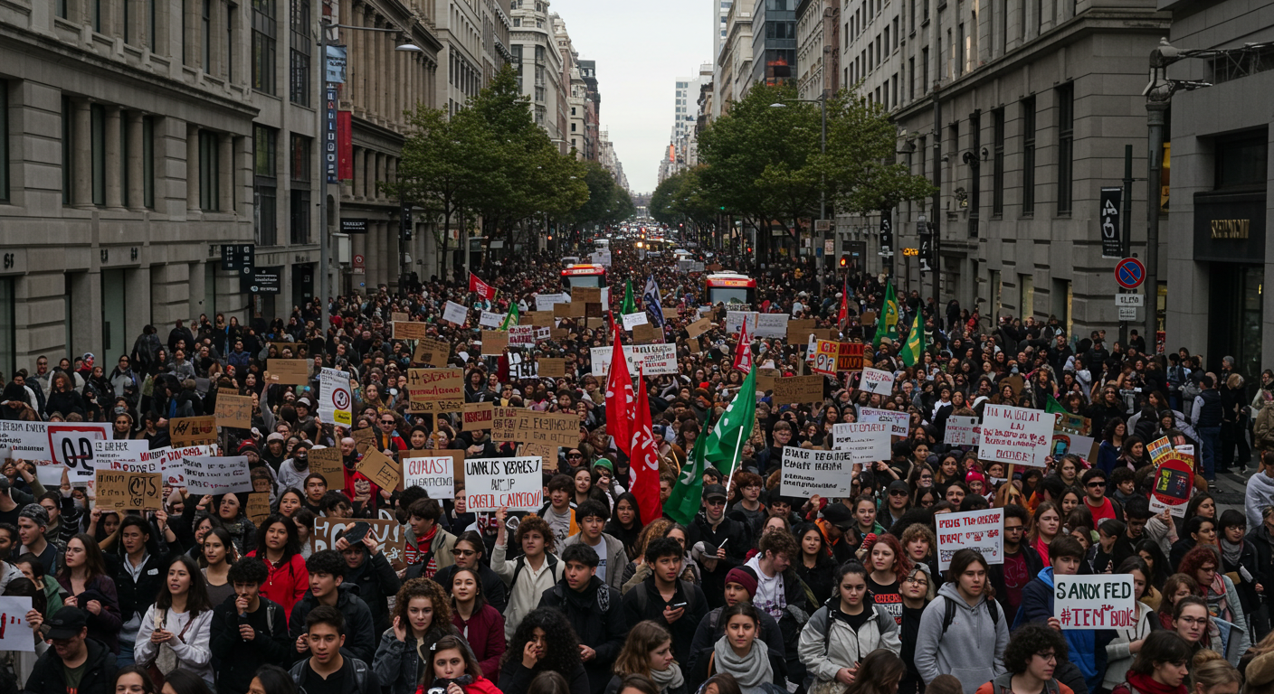 Large crowd of protesters holding placards and chanting slogans in a busy city street, captured in daylight #4