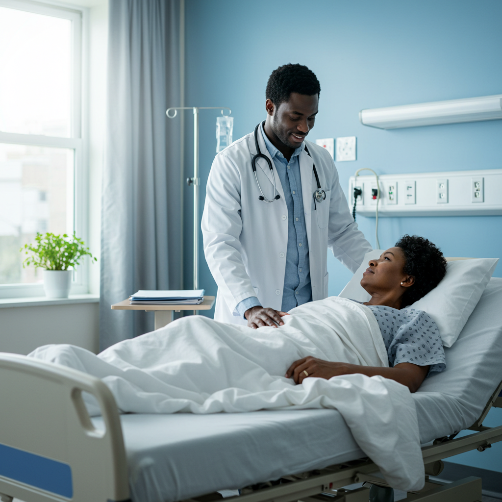 A black doctor standing by a patient on a bed