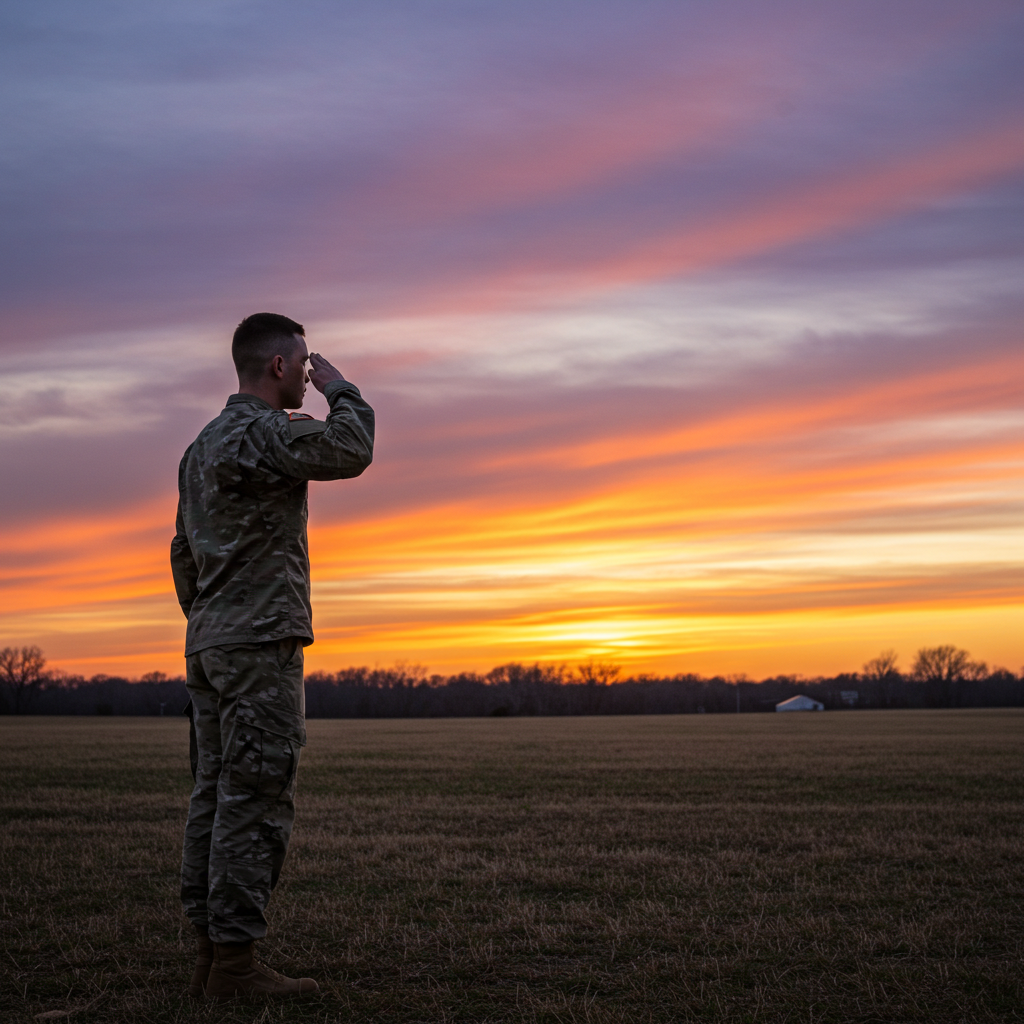 a soldier saluting with sunset in background #1