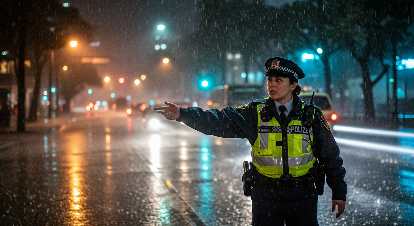 Policewoman directing traffic during a heavy rainstorm #2
