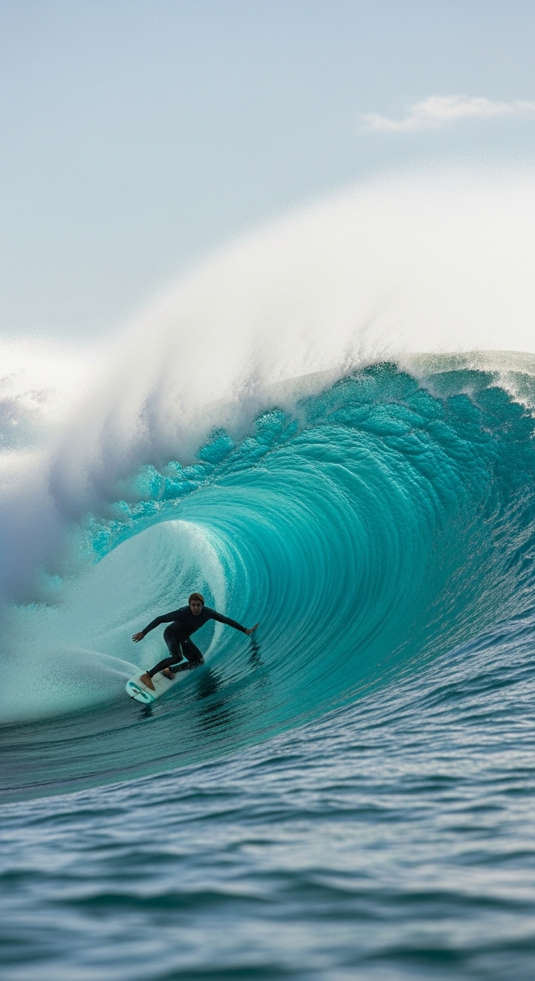 A surfer riding a giant turquoise wave