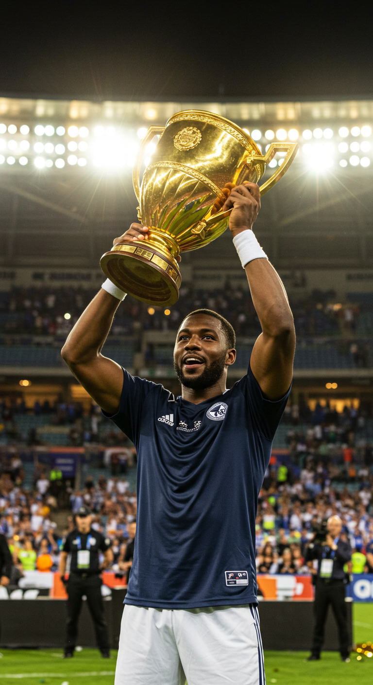 A champion lifting a golden trophy under stadium lights