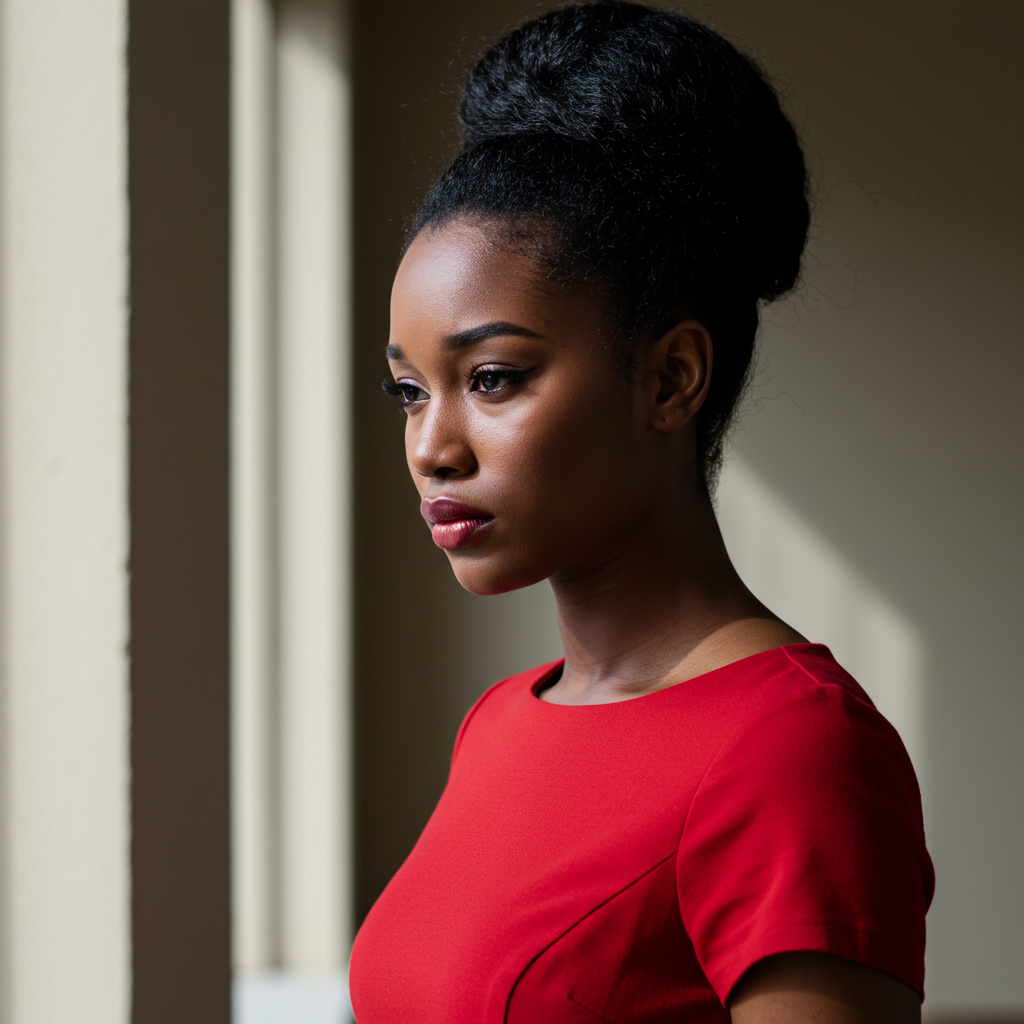 A pretty black woman in a red dress with a sad face #3