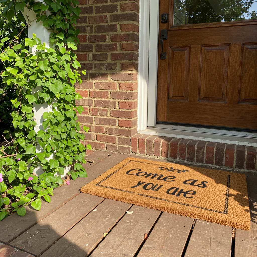 A doormat on a porch. the doormat says "come as you are" #3