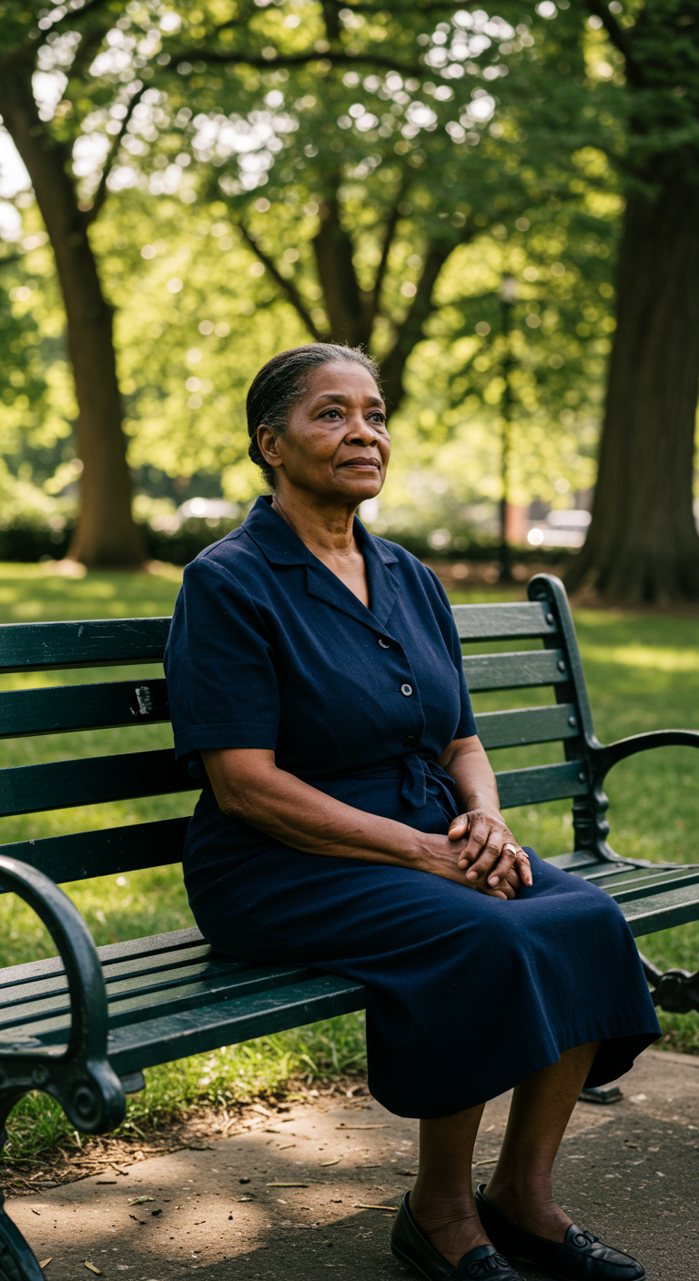 A fairly old black woman in a blue dress sitting on a bench