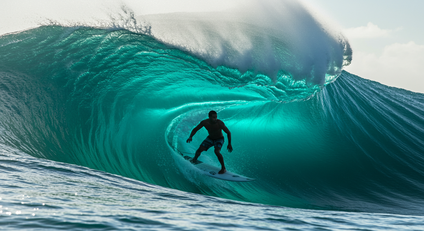 A black surfer riding a giant turquoise wave