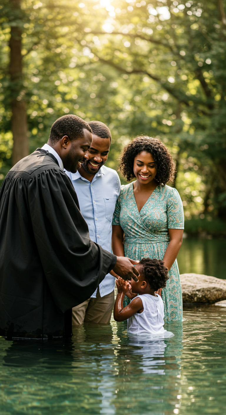 A black Pastor baptizing a black child in water, with parents #2