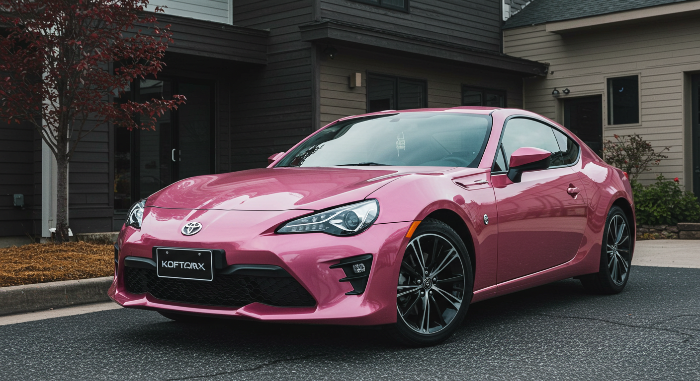 A new pink Toyota sports car parked in front a house #1
