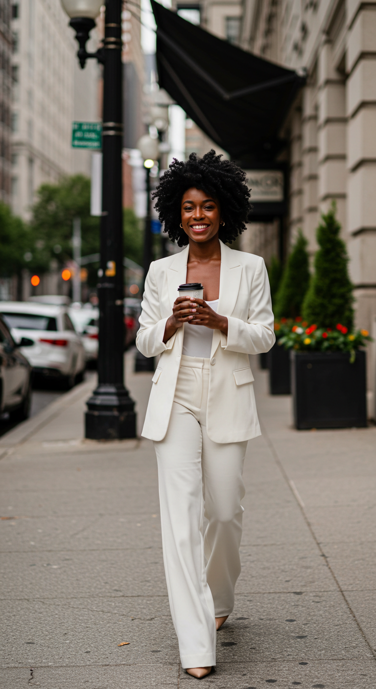 A black lady dressed in a white suit walking with a cup of coffee