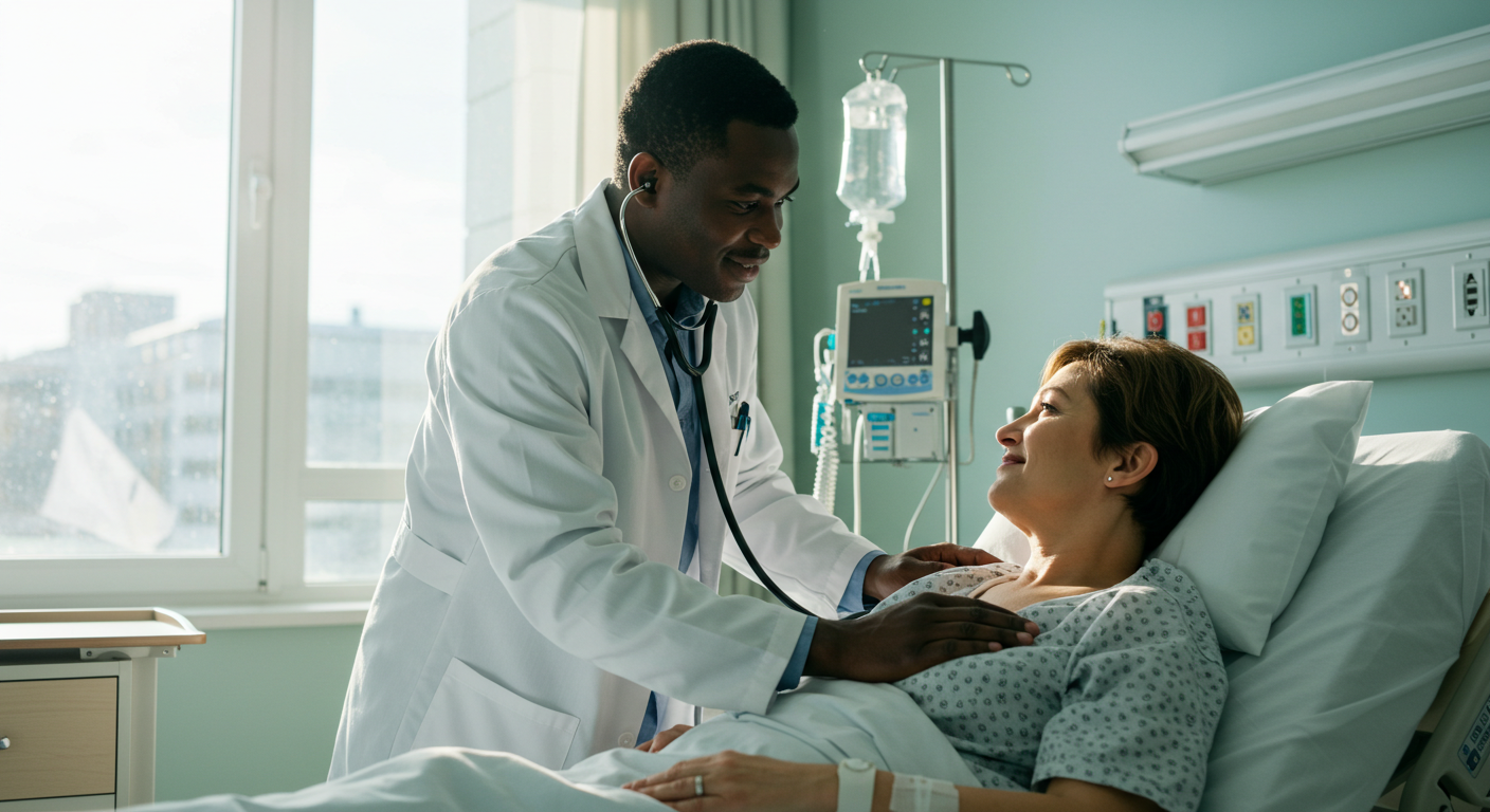 A black doctor and a patient in a hospital bed