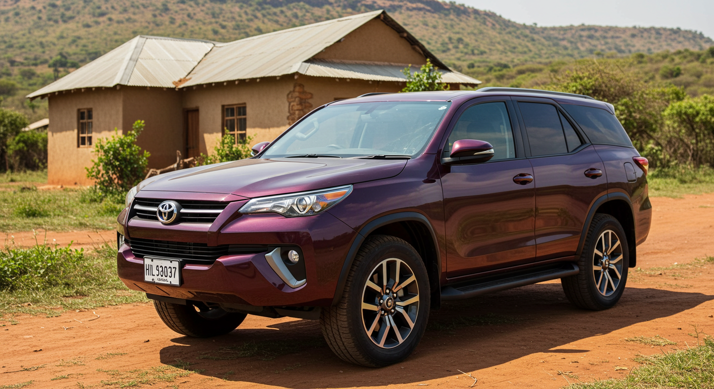 A new purple Toyota SUV parked in front a house in Africa #1