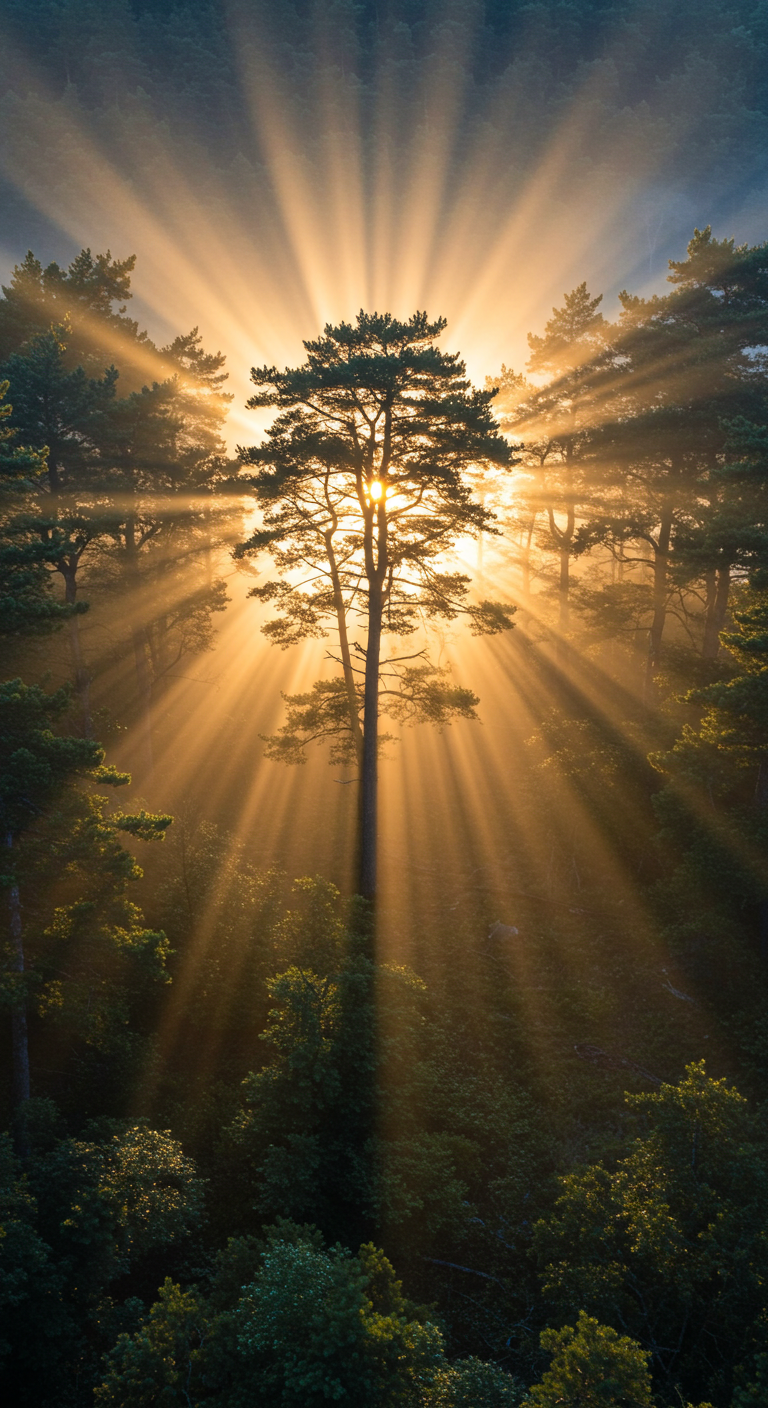 Sunrise over a misty forest with rays filtering through trees.