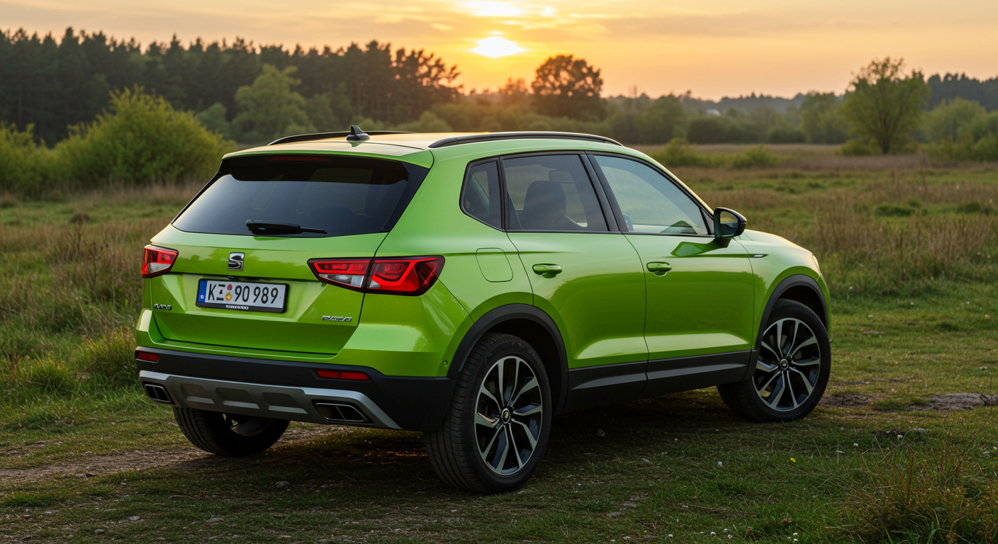 Back view of a green SUV #4